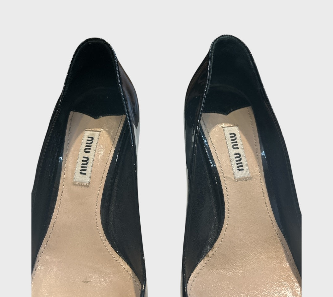 Miu Miu Black Patent Bow Peep Toe Pumps size 37