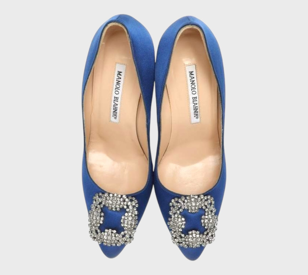 Manolo Blahnik Blue Satin Jewel Buckle Pumps Size 37.5