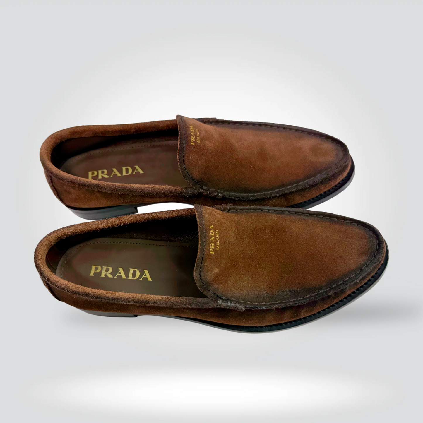 Prada Milano Suede Loafers Tobacco Brown Moccasin Whipstitch — Size 38,5—Excellent | Style Reissue Vancouver