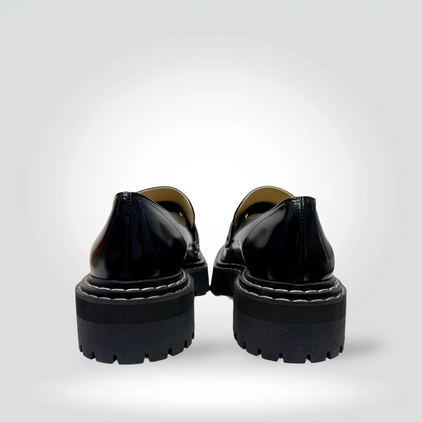 Pre-Owned Proenza Schouler Black Leather Platform Loafer Lug Sole White Topstitching — Size 39—Excellent Style Reissue Vancouver