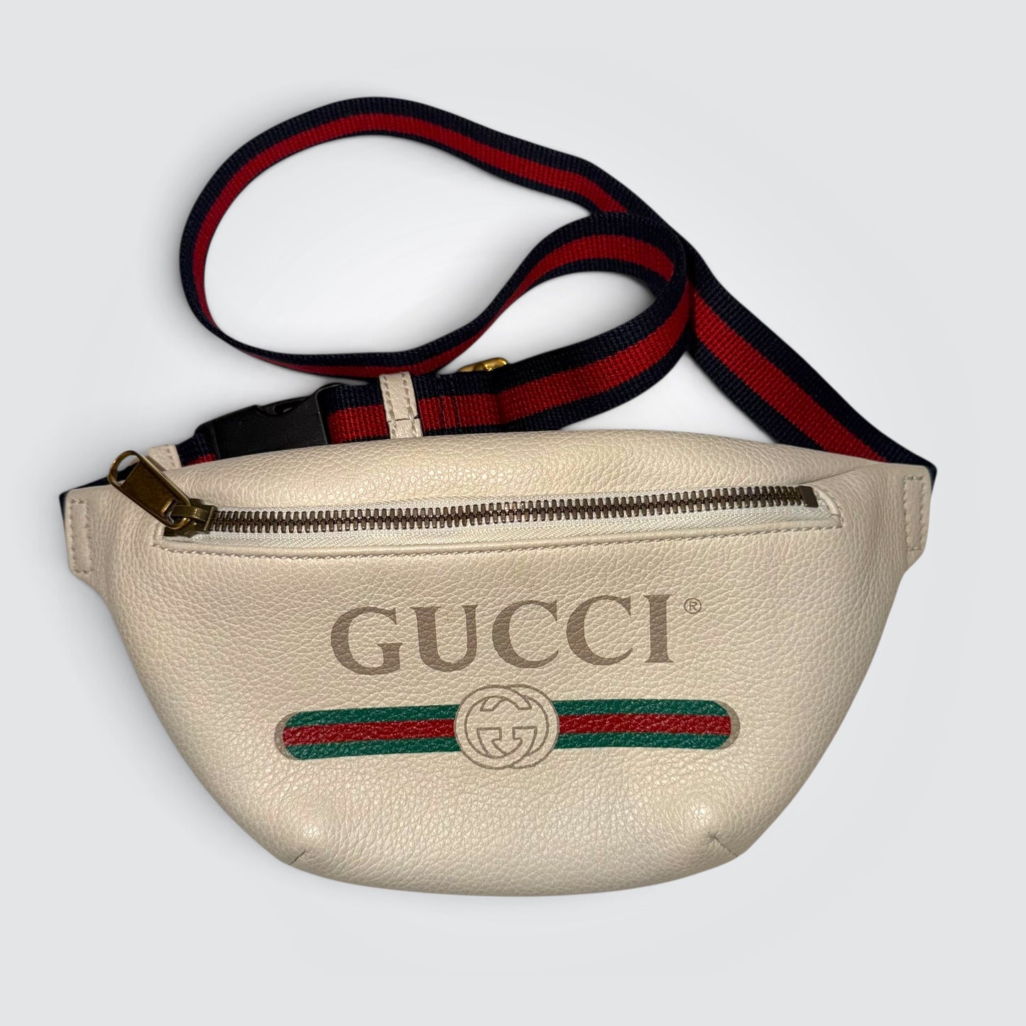 Pre-Owned Gucci White Grained Calfskin Small Logo Print Belt Bag – Green and Red Web Stripe