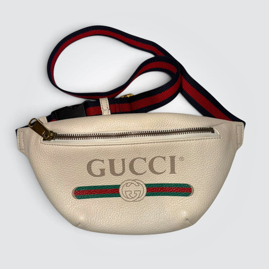 Pre-Owned Gucci White Grained Calfskin Small Logo Print Belt Bag – Green and Red Web Stripe