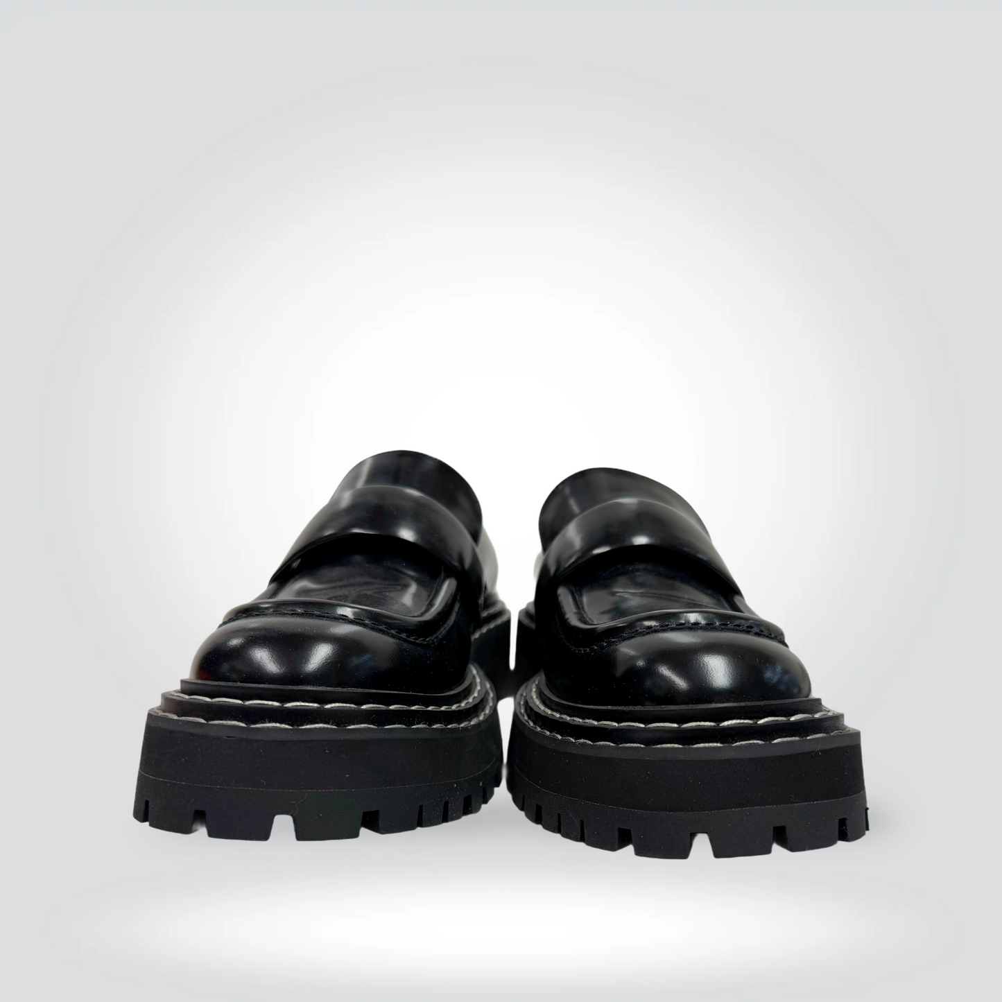 Pre-Owned Proenza Schouler black leather platform loafer lug sole white topstitching penny strap — Style Reissue Vancouver

