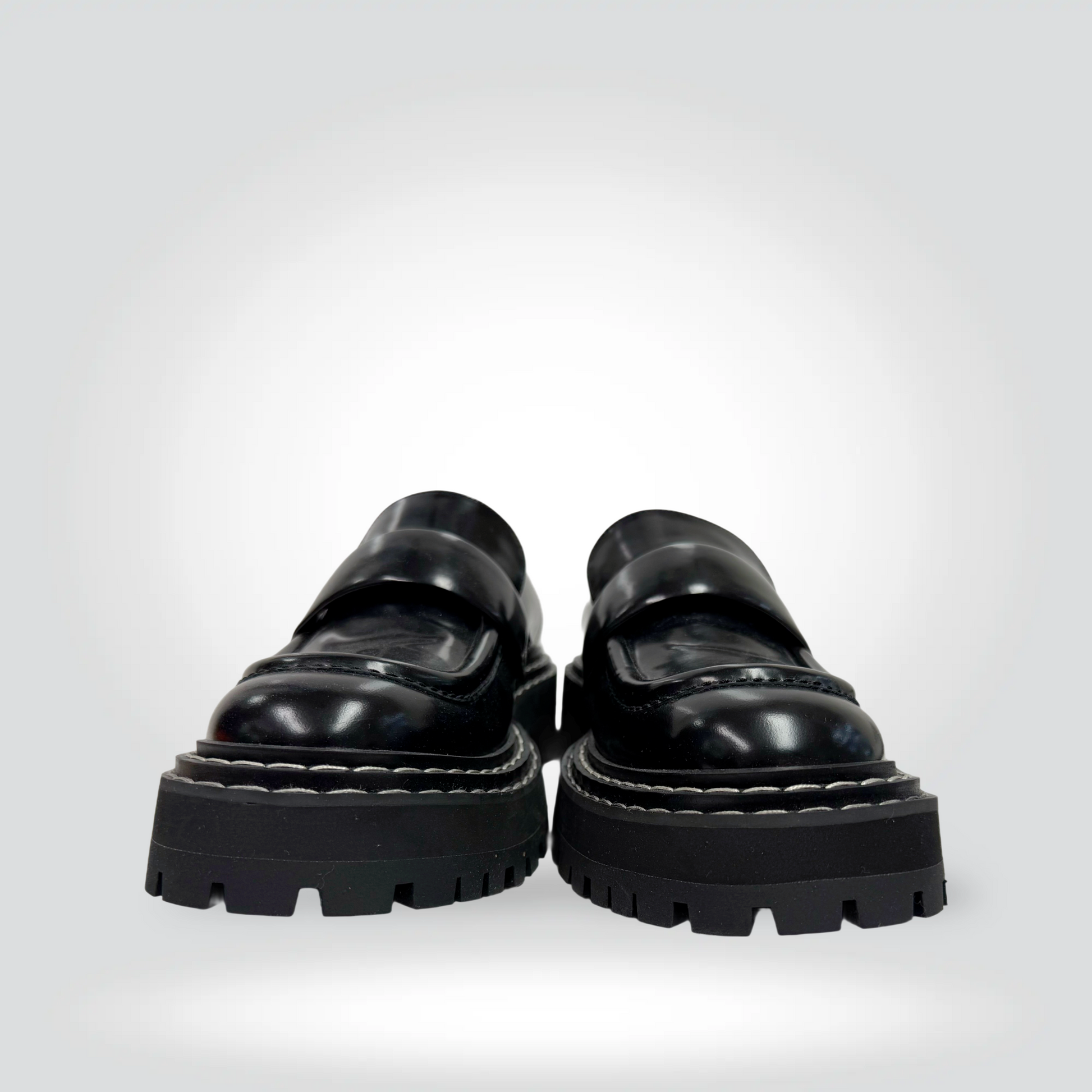 Pre-Owned Proenza Schouler black leather platform loafer lug sole white topstitching penny strap — Style Reissue Vancouver
