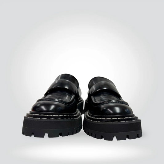 Pre-Owned Proenza Schouler black leather platform loafer lug sole white topstitching penny strap — Style Reissue Vancouver
