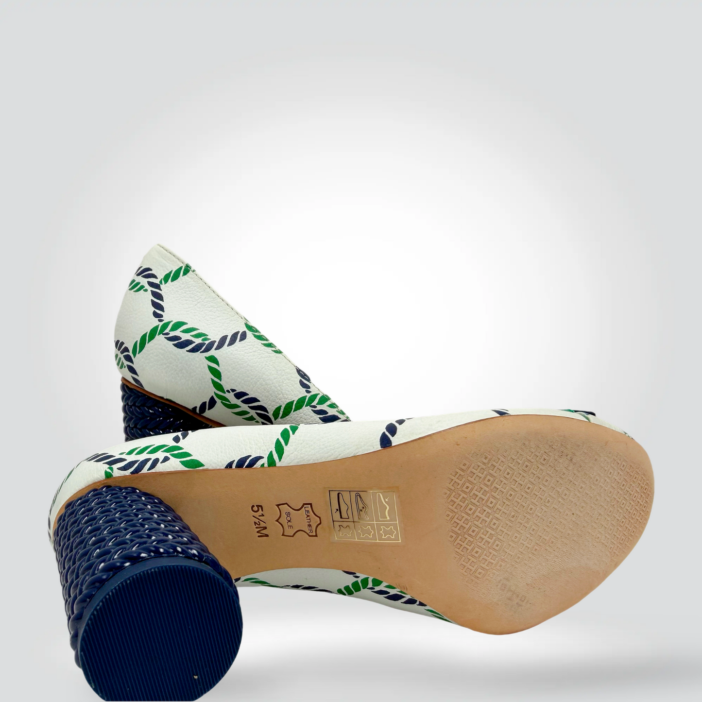 Tory Burch Canvas Pumps White Navy Green Rope Print Grosgrain Bow Block Heel — Size 5.5— Good | Style Reissue Vancouver