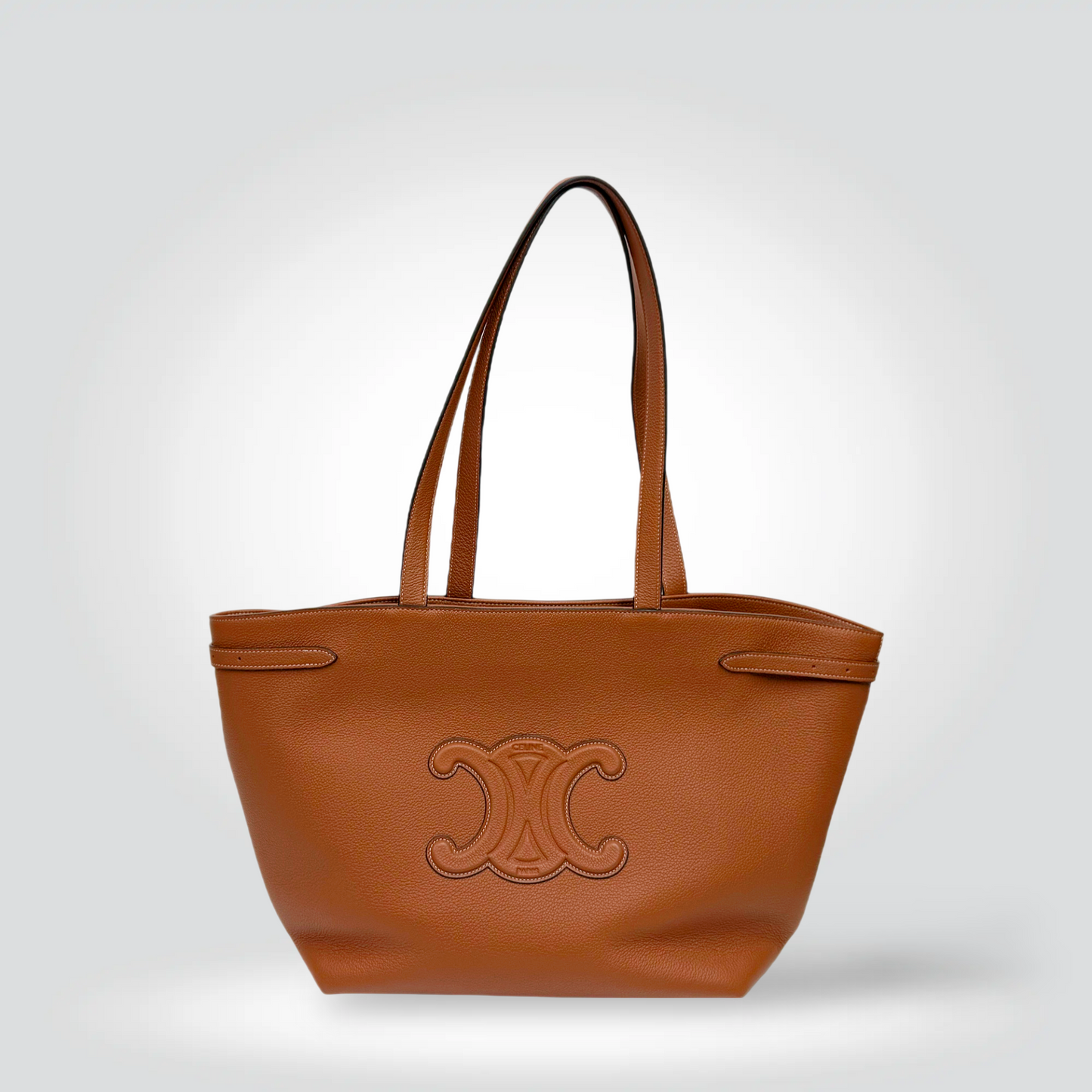 Pre-Owned Céline Triomphe Cabas tote bag tan cognac leather embossed logo top handles — Style Reissue Vancouver
