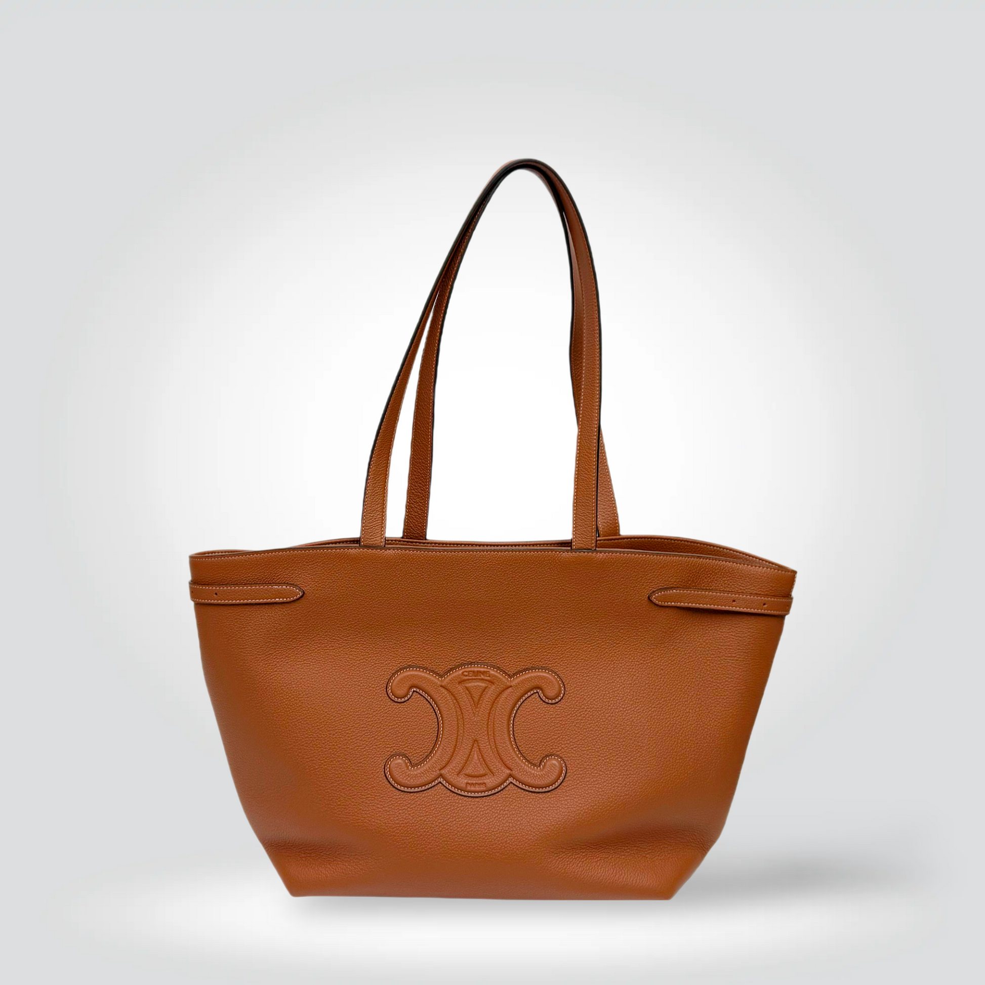 Pre-Owned Céline Triomphe Cabas tote bag tan cognac leather embossed logo top handles — Style Reissue Vancouver