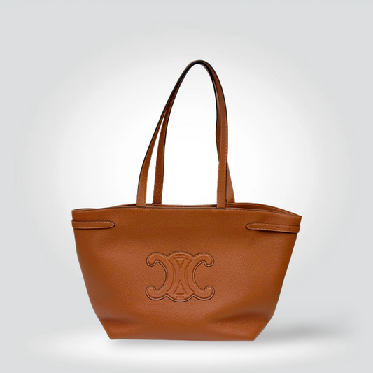 Pre-Owned Céline Triomphe Cabas tote bag tan cognac leather embossed logo top handles — Style Reissue Vancouver