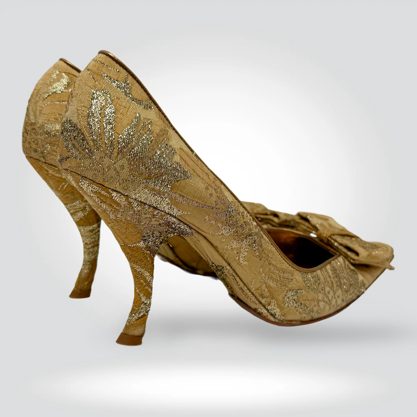 Pre-Owned Dolce & Gabbana gold brocade glitter bow pointed toe pump 4 inch heel — Style Reissue Vancouver