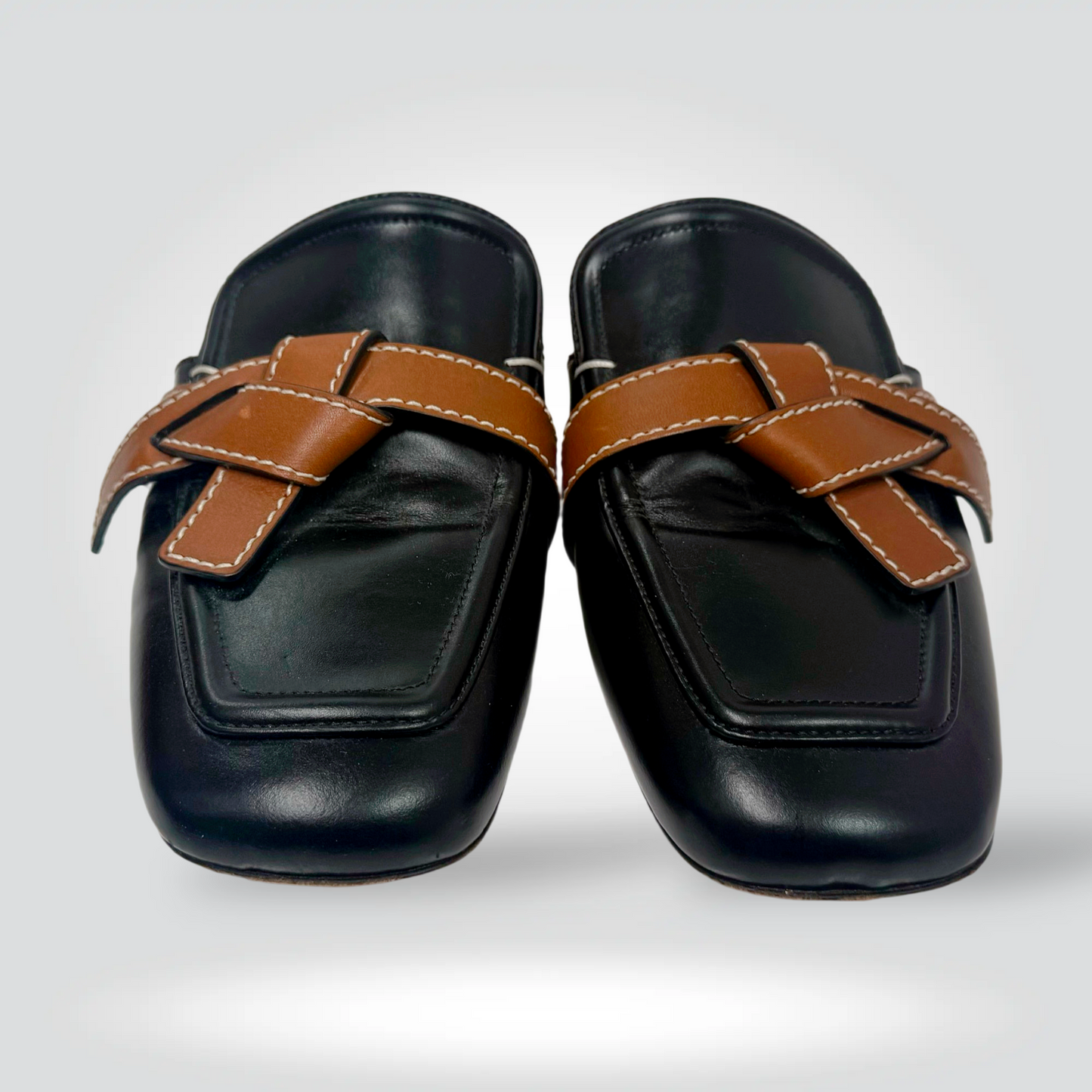Loewe Toy mules black leather woven tan strap square toe size40 Good — Style Reissue Vancouver
