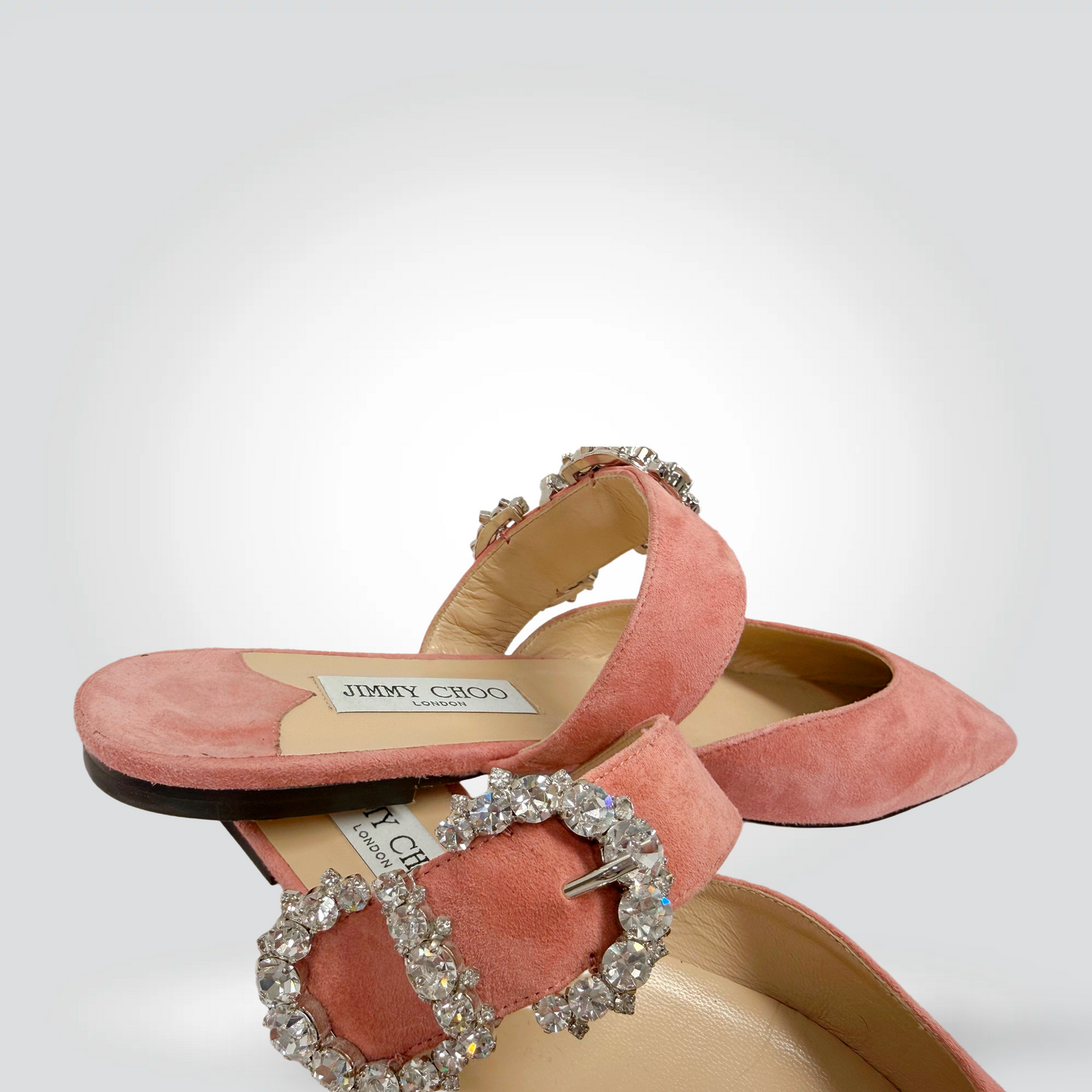 Jimmy Choo Suede Mules Blush Pink Crystal Embellished Buckle Strap Square Toe — Size 10 —Never worn | Style Reissue Vancouver