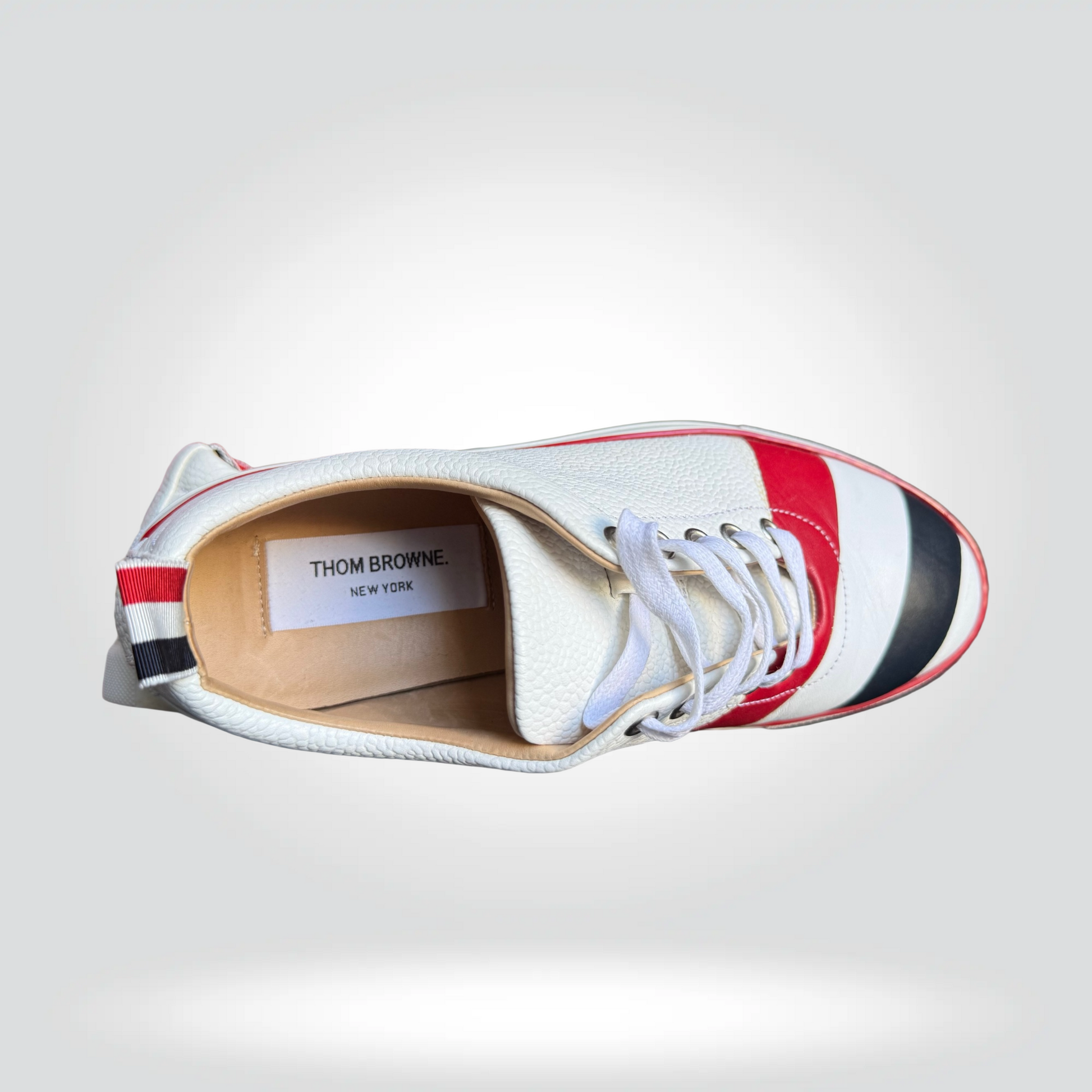 Thom Browne sneakers white leather red white navy stripe heel counter low top — Style Reissue Vancouver