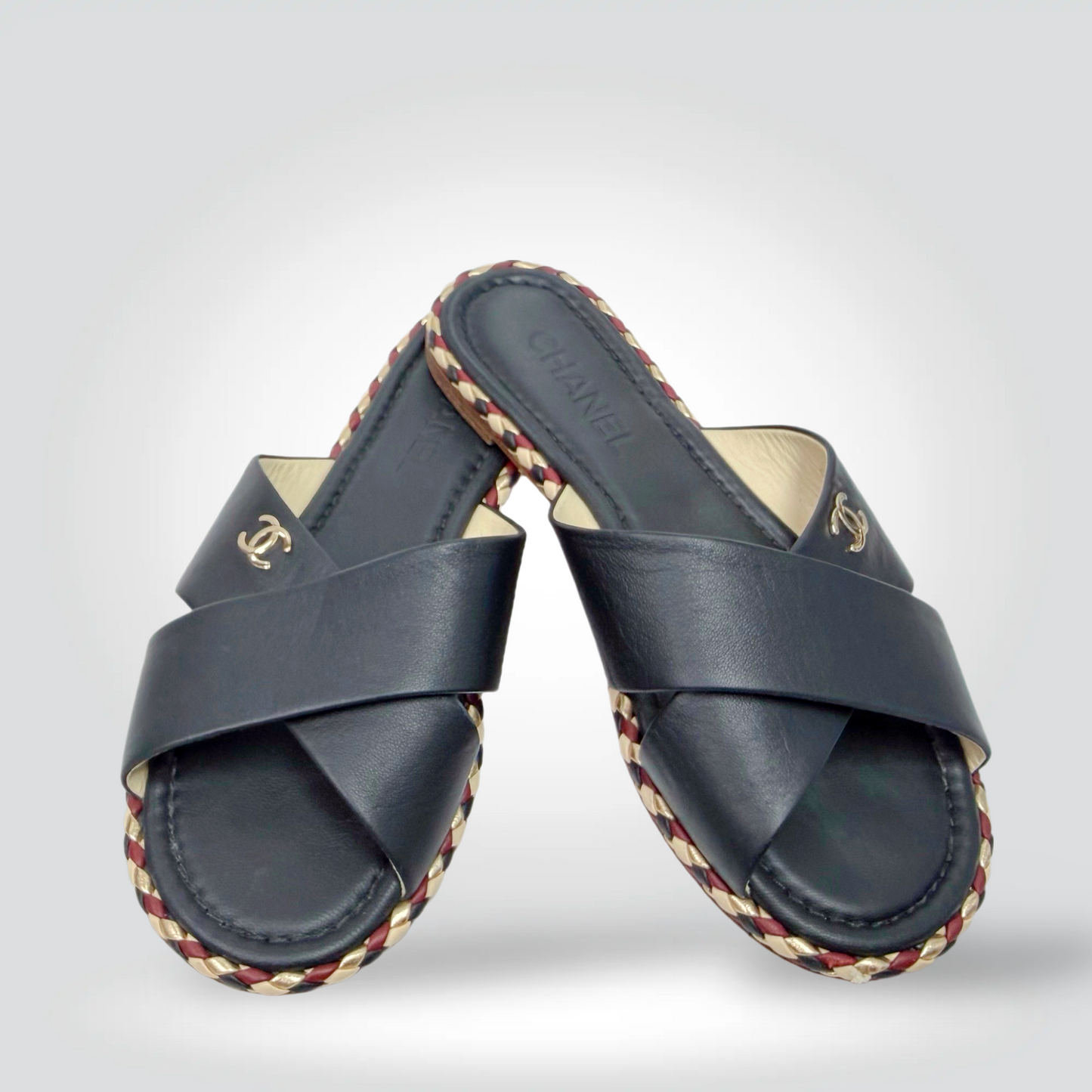 Pre-Owned Chanel Crossed Strap Slide Sandals Black  Leather CC Logo Braided Sole Trim — Size — Excellent  Style Reissue Vancouver