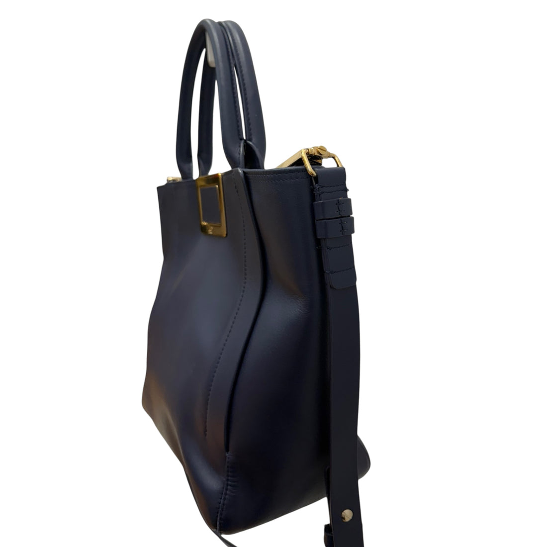 Roger Vivier Navy Blue Leather Top Handle Tote – Structured Handbag with Gold Buckle & Crossbody Strap