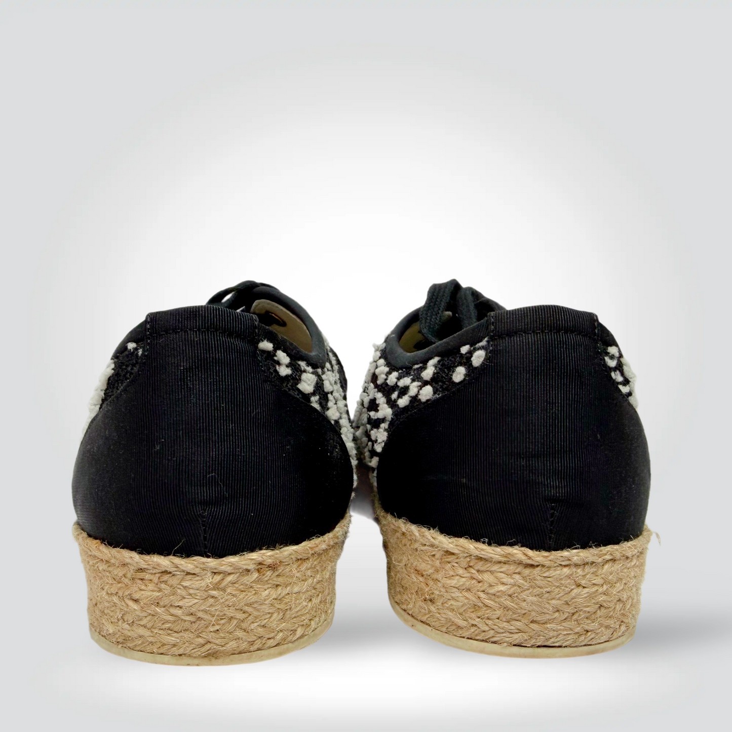 Pre-Owned Chanel Black White Tweed Lace-Up Espadrille Sneaker Gold CC Eyelets Jute Platform — Size — Very Good | Style Reissue Vancouver