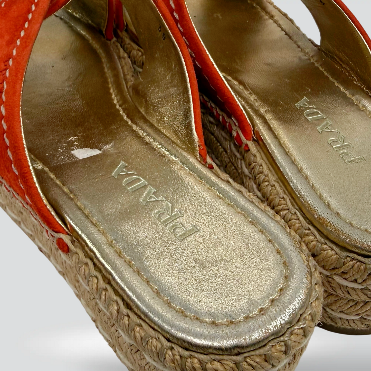 Pre-Owned Prada Suede Espadrille Wedge Slides Orange Red Crossed Strap Jute Platform — Size 38— Very Good | Style Reissue Vancouver