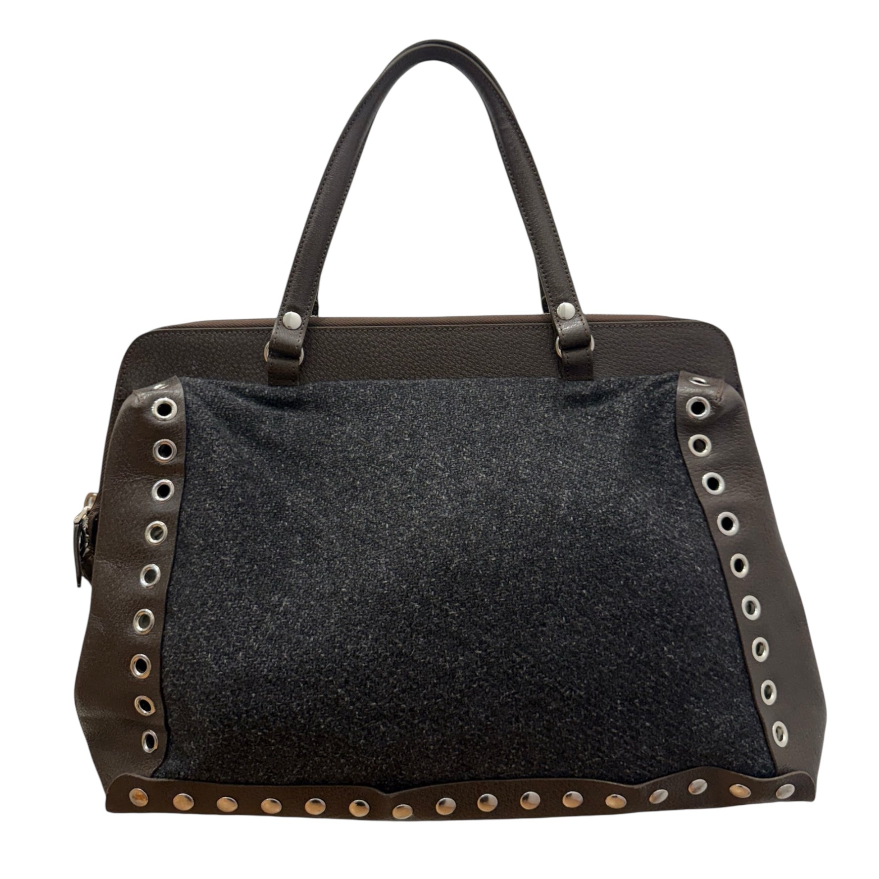 Marni Charcoal Tweed & Brown Leather Tote Bag – Structured Designer Handbag with Grommet Detail | Made in Italy