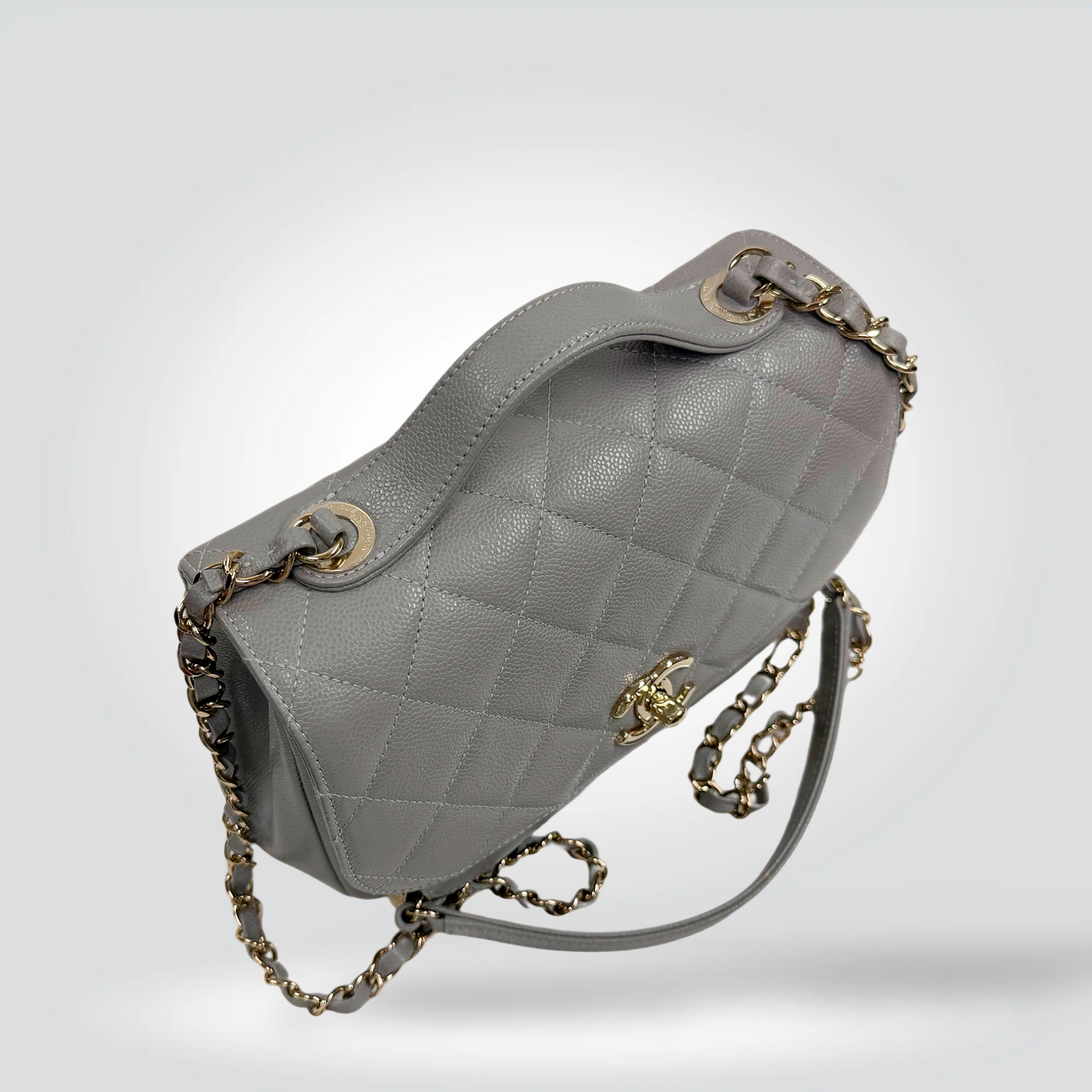 Chanel Caviar Leather Flap Bag Grey Gold CC Turn Lock Chain Strap Top Handle — Excellent | Style Reissue Vancouver