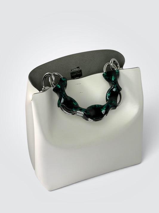 Danse Lente Ela Bis white leather bucket bag with green marbled chain handle