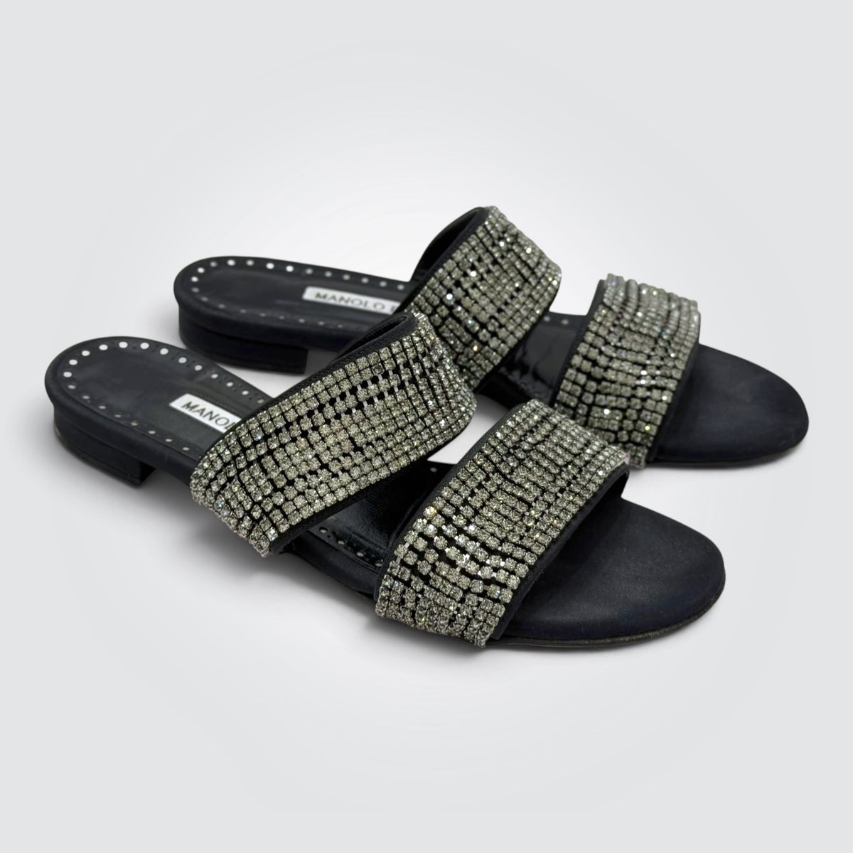 Pre-owned Manolo Blahnik Martamod black crystal embellished flat slide sandals