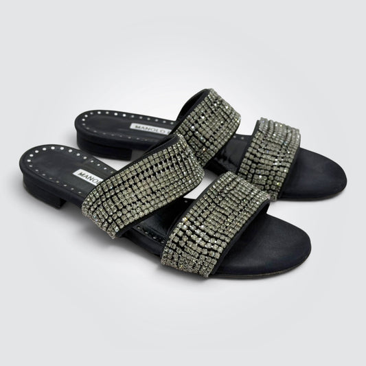 Pre-owned Manolo Blahnik Martamod black crystal embellished flat slide sandals