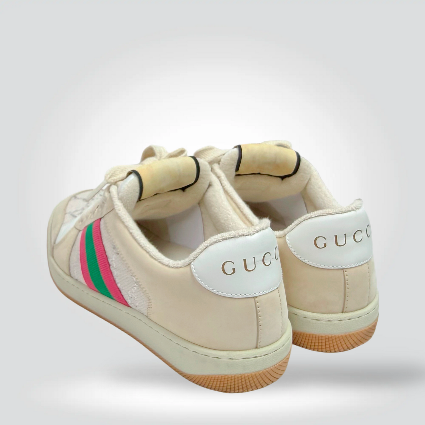Pre-Owned Gucci Screener Sneakers Beige GG Canvas Green Red Web Stripe Gum Sole — Size 39.5— VERY GOOD | Style Reissue Vancouver