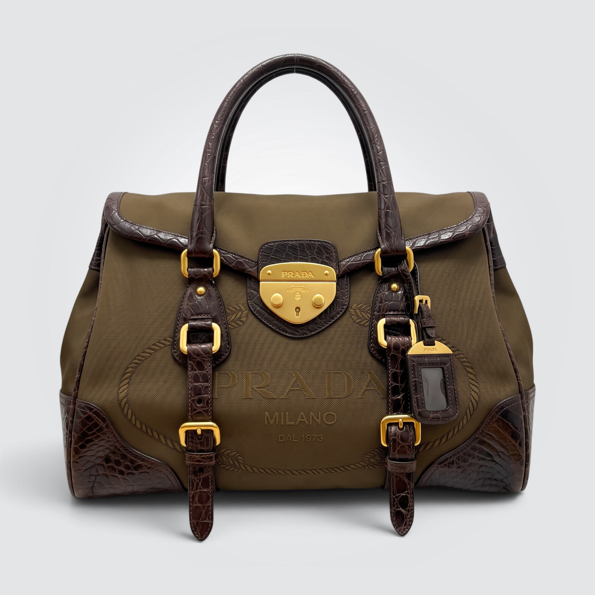 Pre-Owned Vintage Prada Canapa Brown Canvas Tote Bag with Crocodile-Embossed Leather Trim and Lock