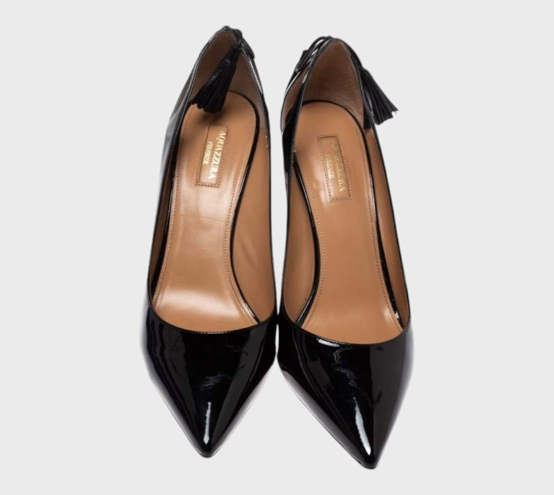 Aquazzura Black Patent Leather Forever Marilyn Cut Out Tassel Detail Pointed Toe Pumps Size 37