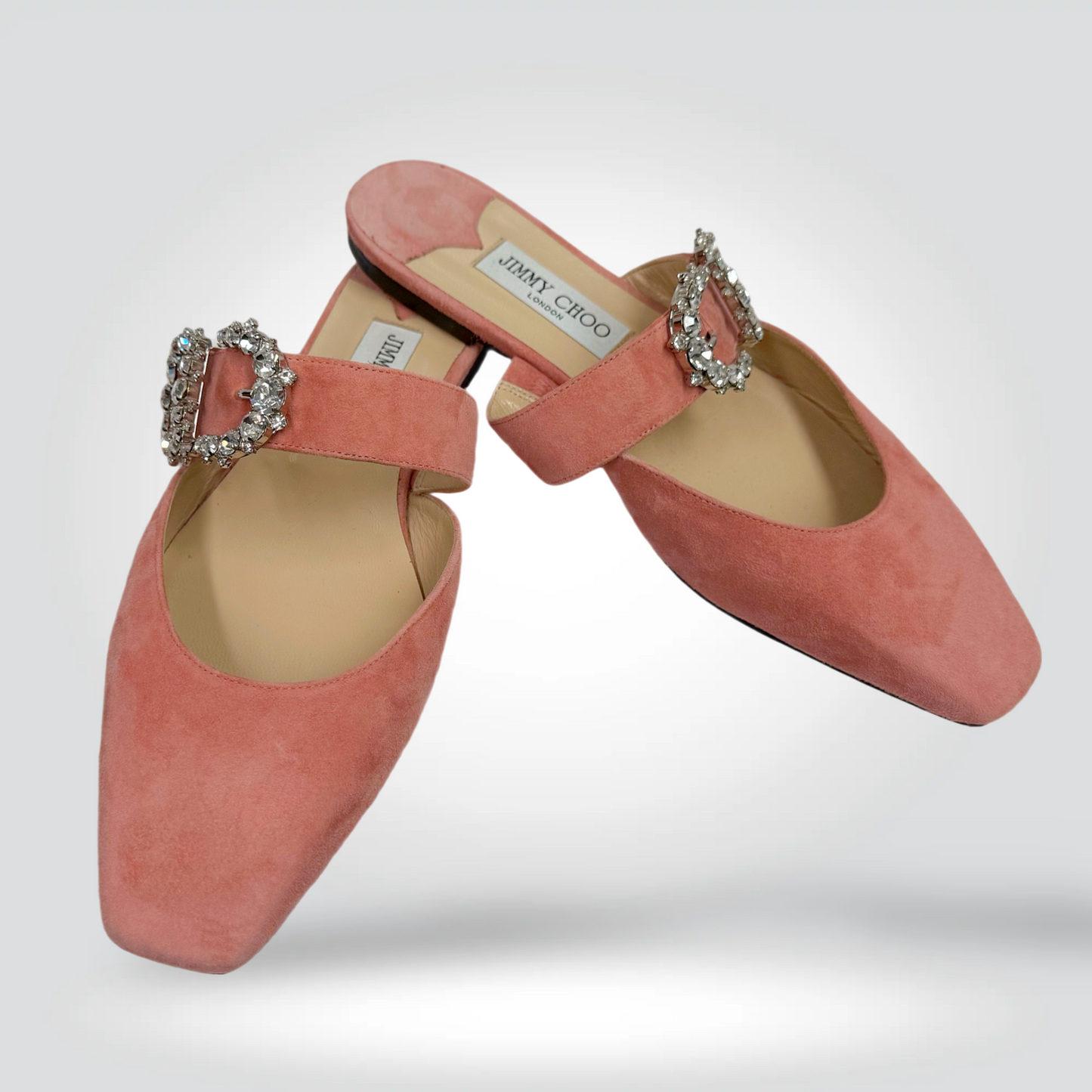 Jimmy Choo Suede Mules Blush Pink Crystal Embellished Buckle Strap Square Toe — Size 10 —Never worn | Style Reissue Vancouver