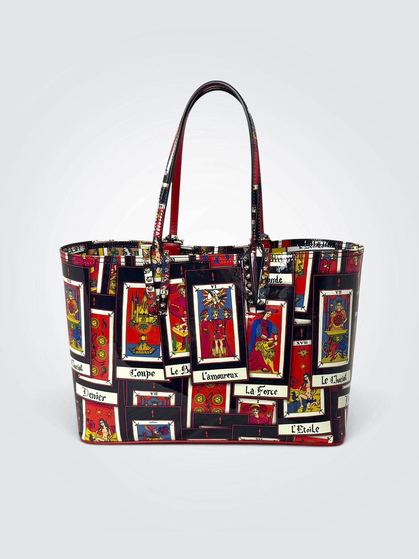 Pre-owned Christian Louboutin Small Cabata patent leather tote with vibrant multicoloured Tarot de Marseille print and structured top-handle design
