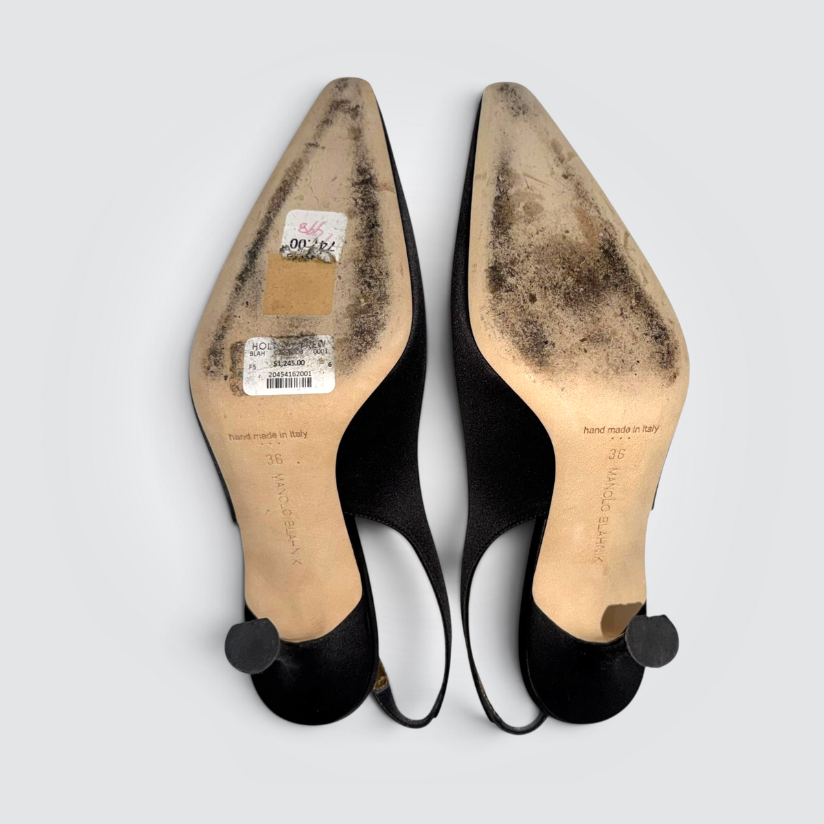 Pre-Owned Manolo Blahnik Durbar 70mm Slingback Pumps – Black Satin with Bronze Swirl Appliqué