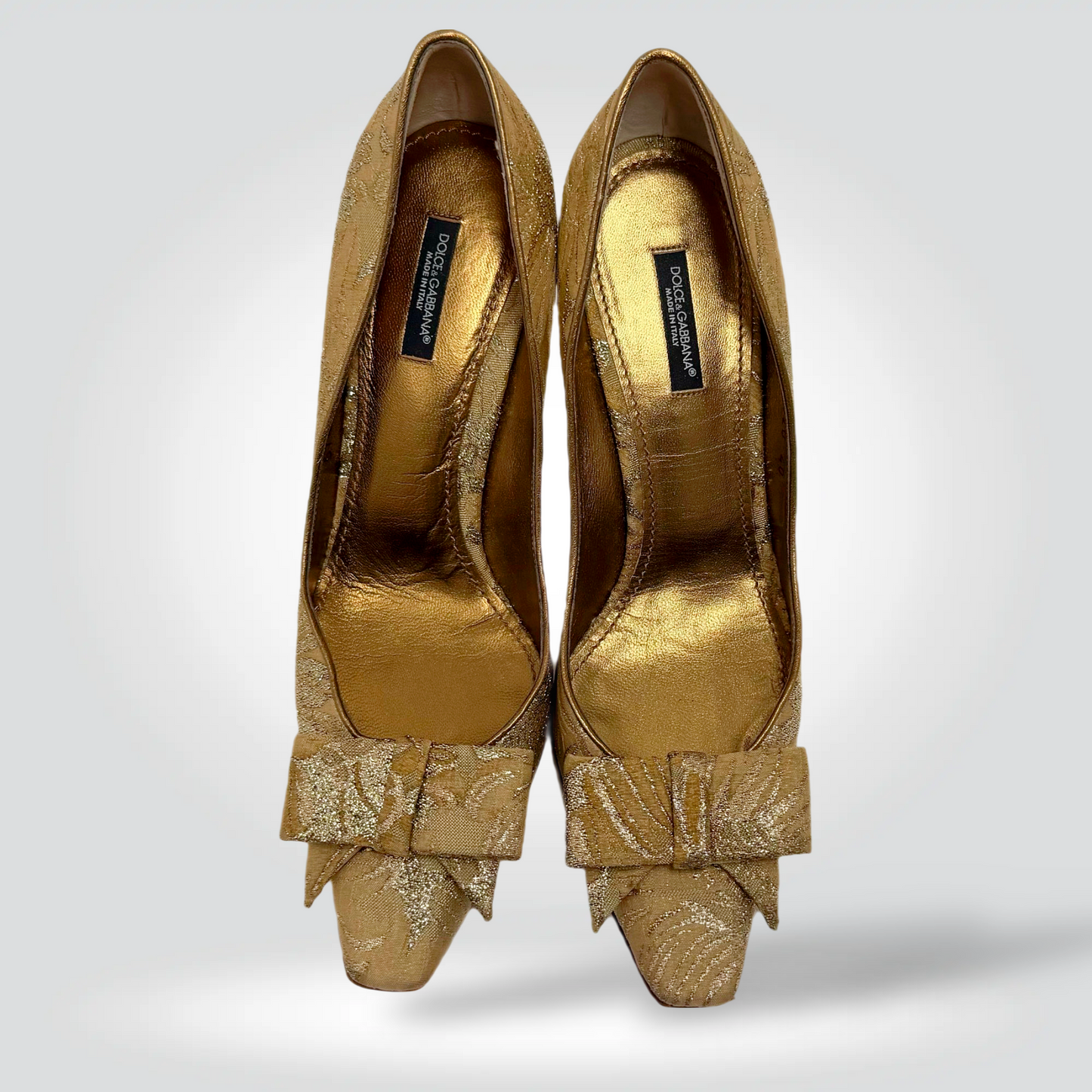 Pre-Owned Dolce & Gabbana gold brocade glitter bow pointed toe pump 4 inch heel — Style Reissue Vancouver