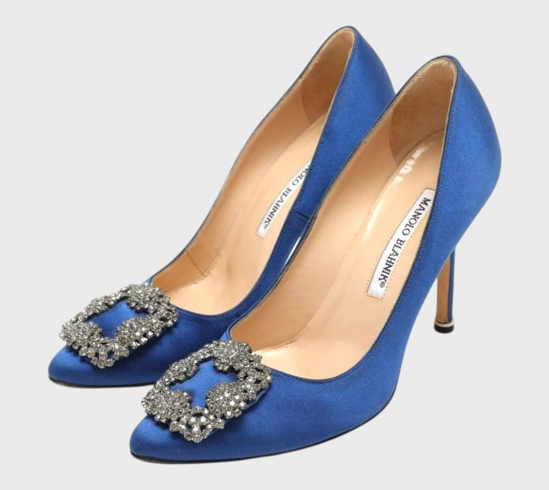 Manolo Blahnik Blue Satin Jewel Buckle Pumps Size 37.5