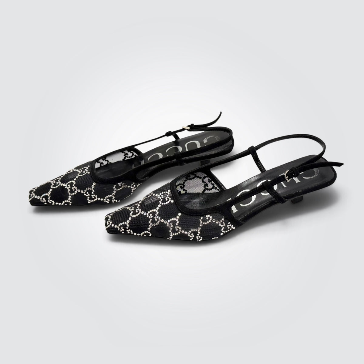 Pre-owned Gucci Tom GG crystal mesh slingback pumps with kitten heel