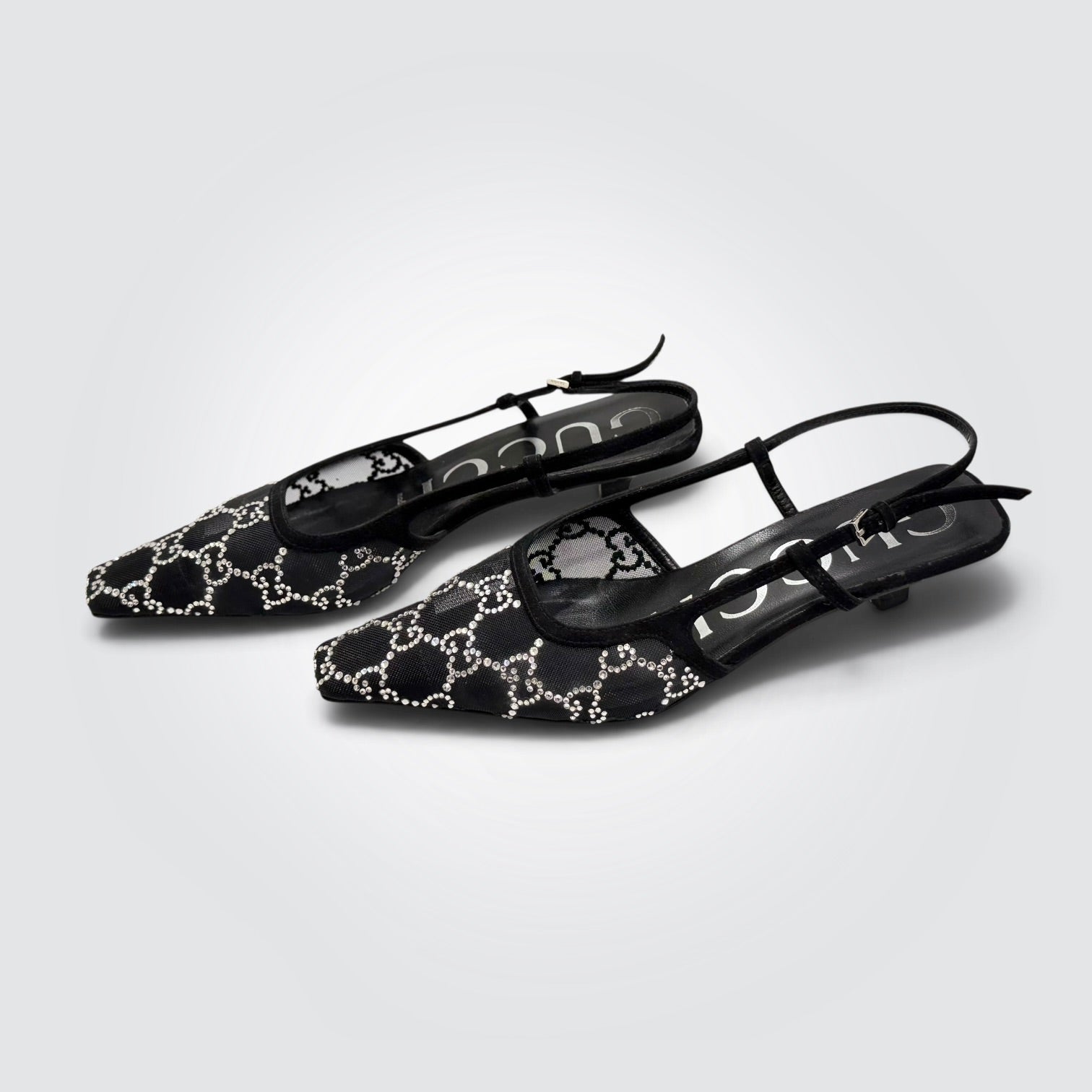 Pre-owned Gucci Tom GG crystal mesh slingback pumps with kitten heel