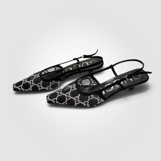 Pre-owned Gucci Tom GG crystal mesh slingback pumps with kitten heel