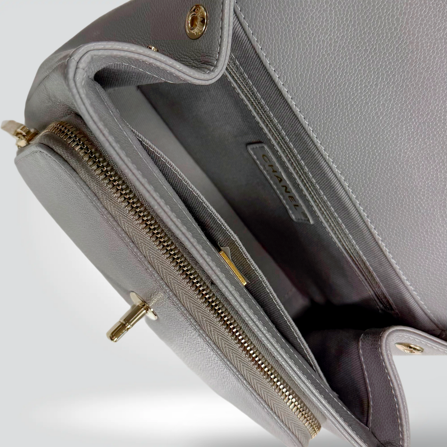 Chanel Caviar Leather Flap Bag Grey Gold CC Turn Lock Chain Strap Top Handle — Excellent | Style Reissue Vancouver