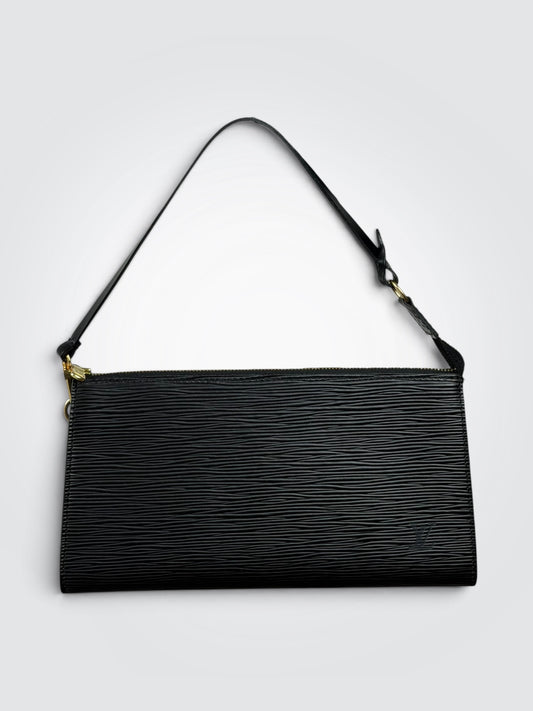 Vintage Louis Vuitton black Epi leather Pochette Accessoires with slim horizontal shape, top zip closure, and short removable shoulder strap