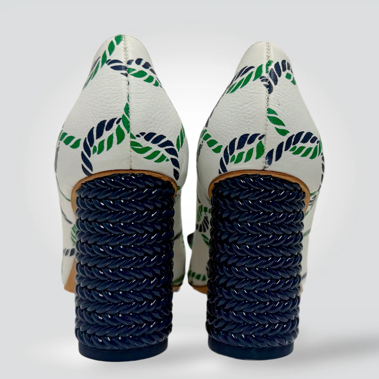 Tory Burch Canvas Pumps White Navy Green Rope Print Grosgrain Bow Block Heel — Size 5.5— Good | Style Reissue Vancouver