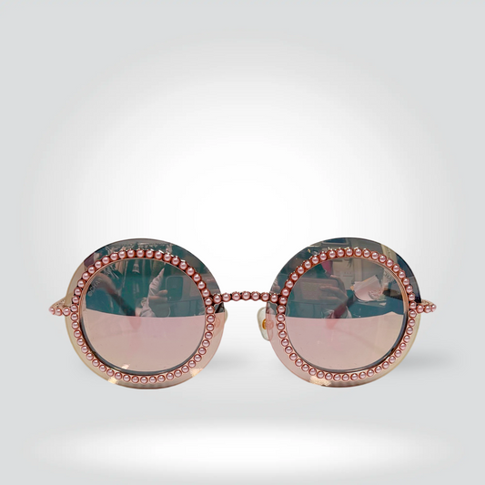 Chanel Pearl Embellished Round Sunglasses Gold Frame Pink Mirror Lenses —VeryGood | Style Reissue Vancouver