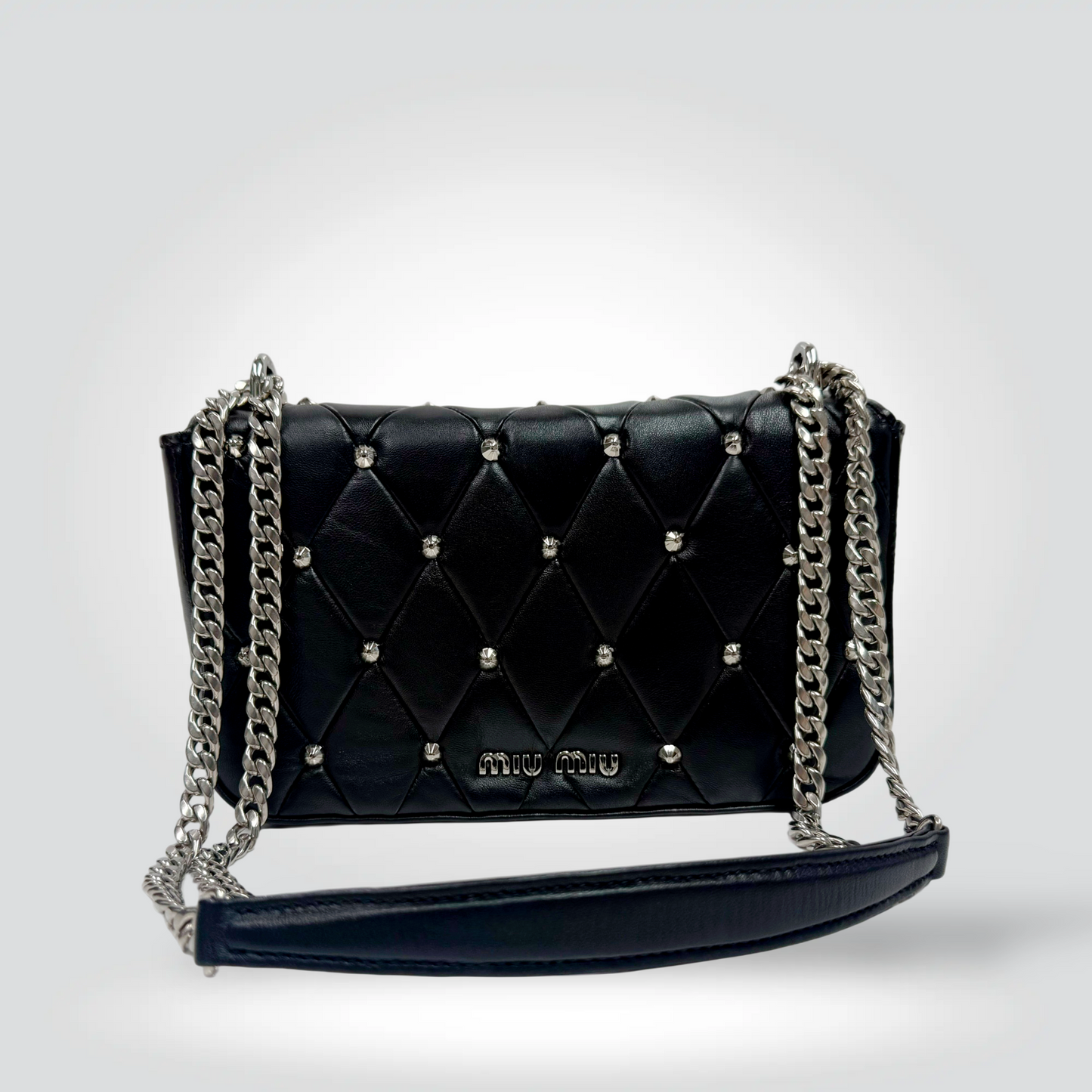 Miu Miu Quilted Leather Studded Flap Bag Black Silver Dome Studs Chain Strap — Excellent | Style Reissue Vancouver
