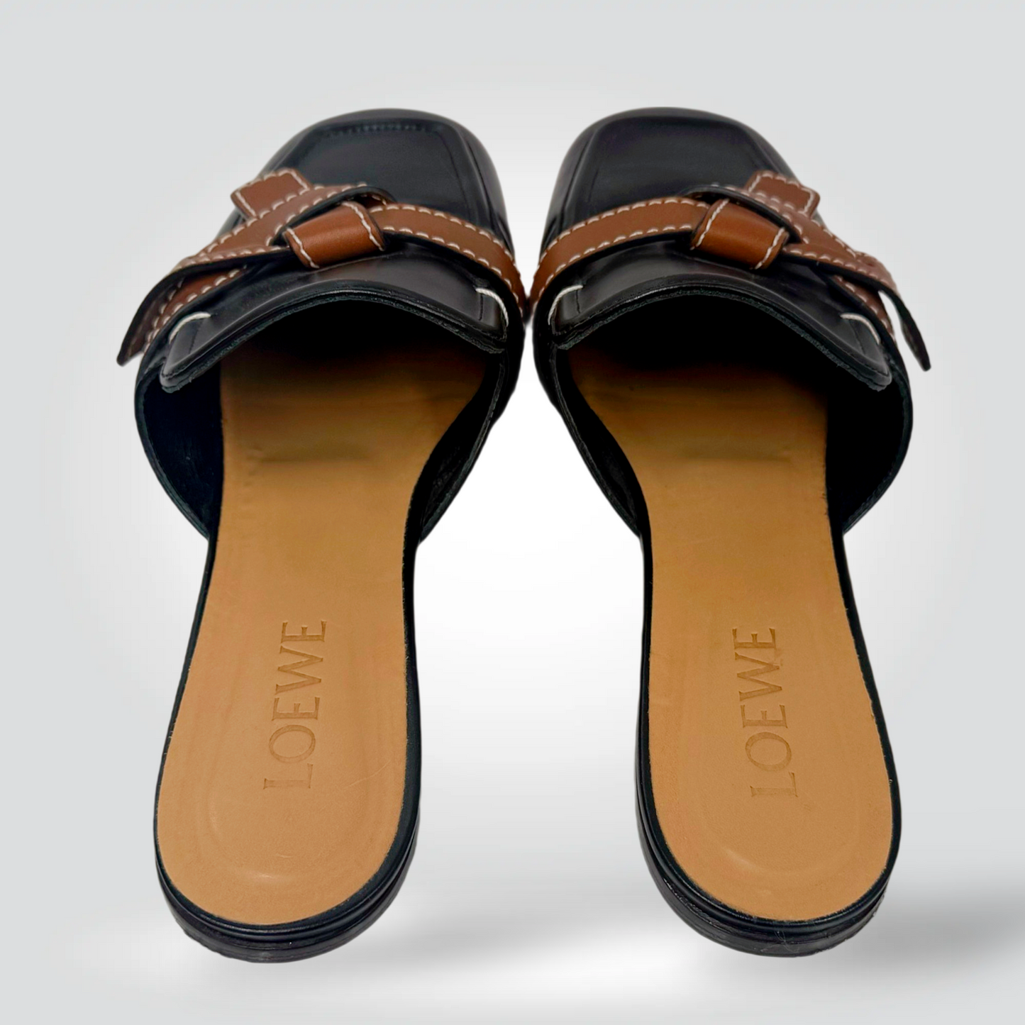 Loewe Toy mules black leather woven tan strap square toe size40 Good — Style Reissue Vancouver