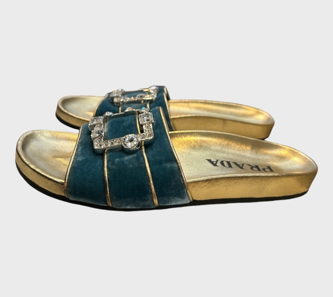 Prada
Prada Blue/Gold Velvet And Leather Buckle Detail Slides Sizes 39
