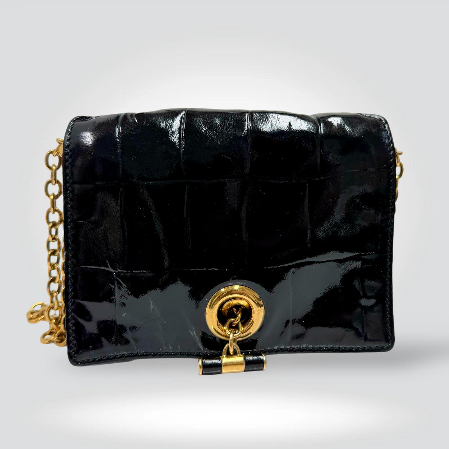 Saint Laurent black croc embossed patent leather chain bag gold turn lock clasp — Style Reissue Vancouver