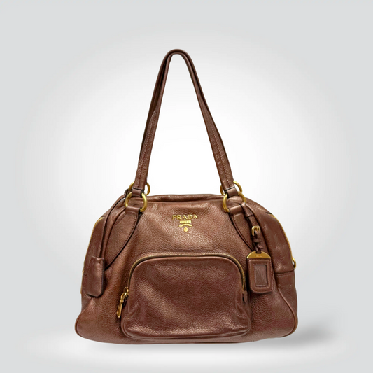 Pre-Owned Prada pebbled leather shoulder bag tan bronze gold hardware dual handles front zip pocket — Style Reissue Vancouver