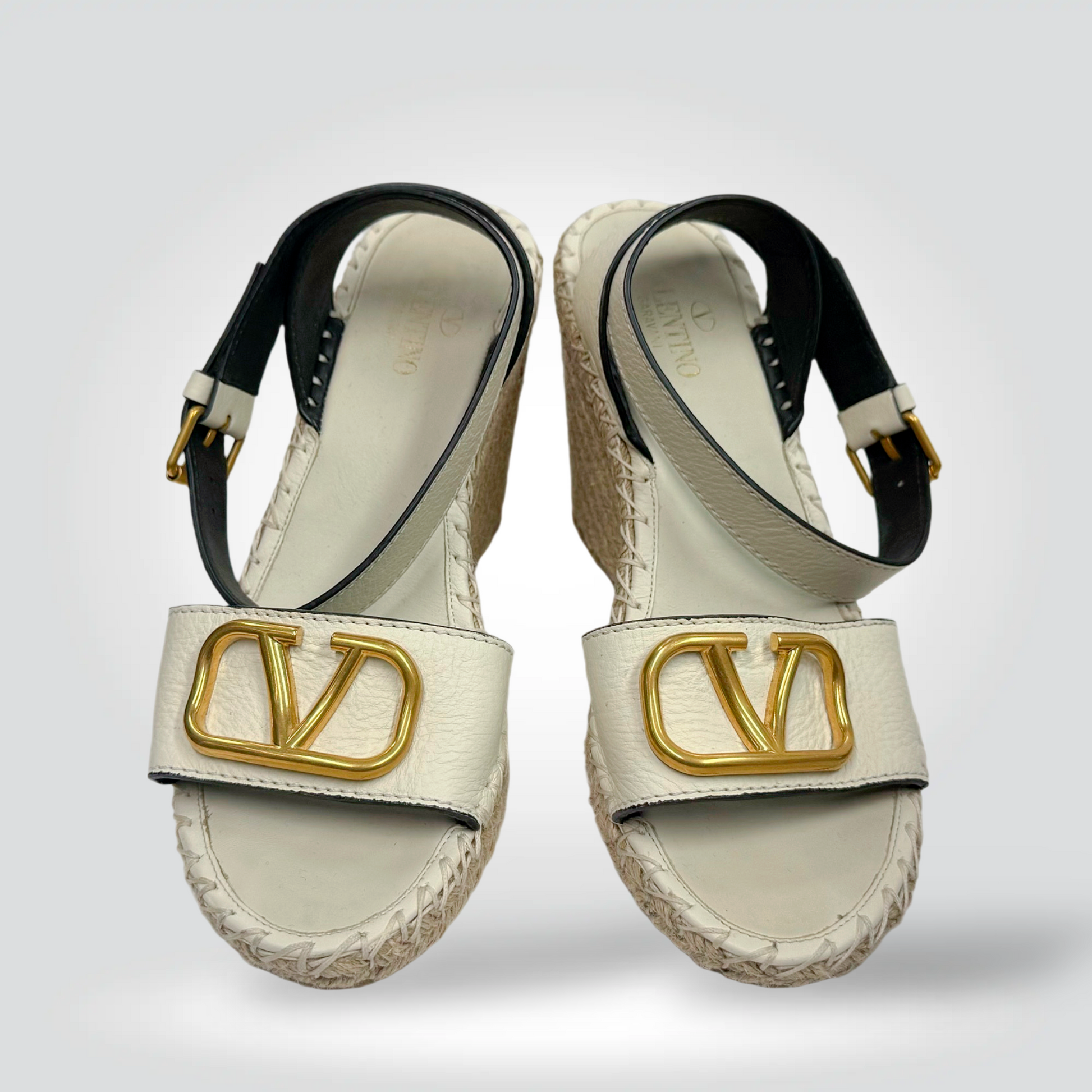 Pre-Owned Valentino cream ivory leather VLogo gold hardware slingback wedge espadrille sandal 4 inch — Style Reissue Vancouver
