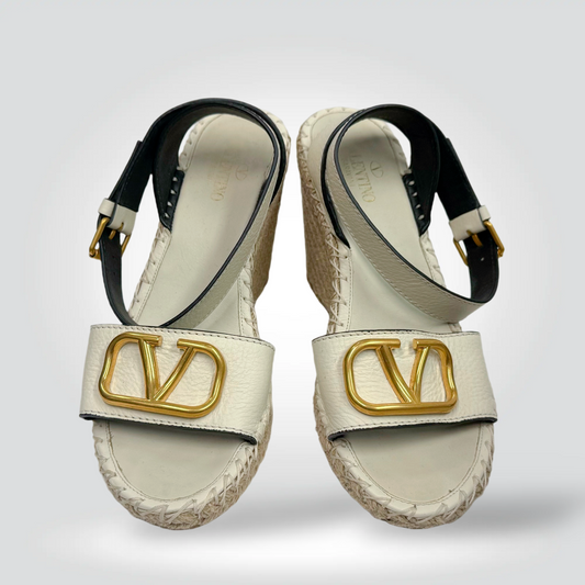 Pre-Owned Valentino cream ivory leather VLogo gold hardware slingback wedge espadrille sandal 4 inch — Style Reissue Vancouver
