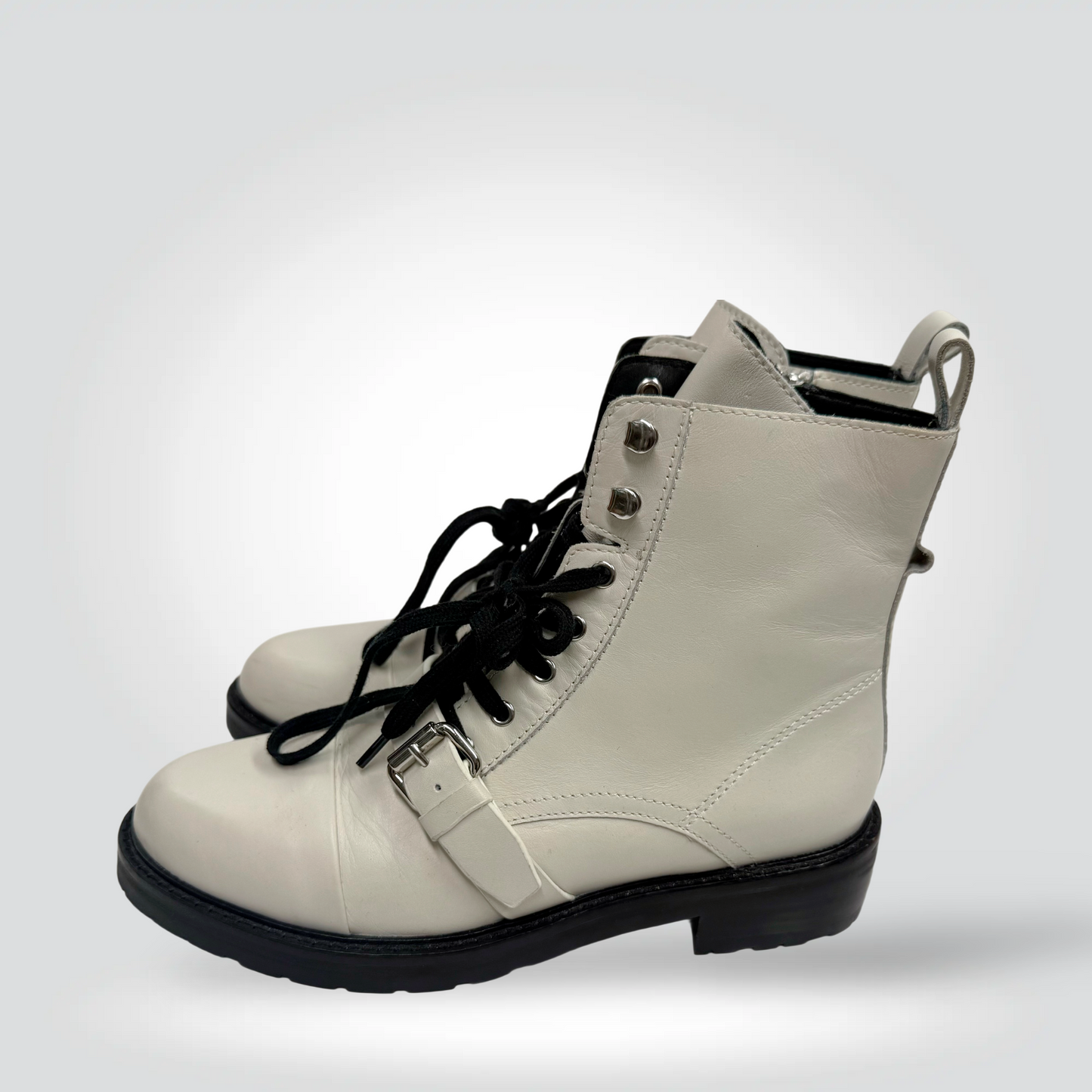 Pre-Owned All Saints cream off-white leather combat boots black laces silver hardware side buckle lug sole — Style Reissue Vancouver