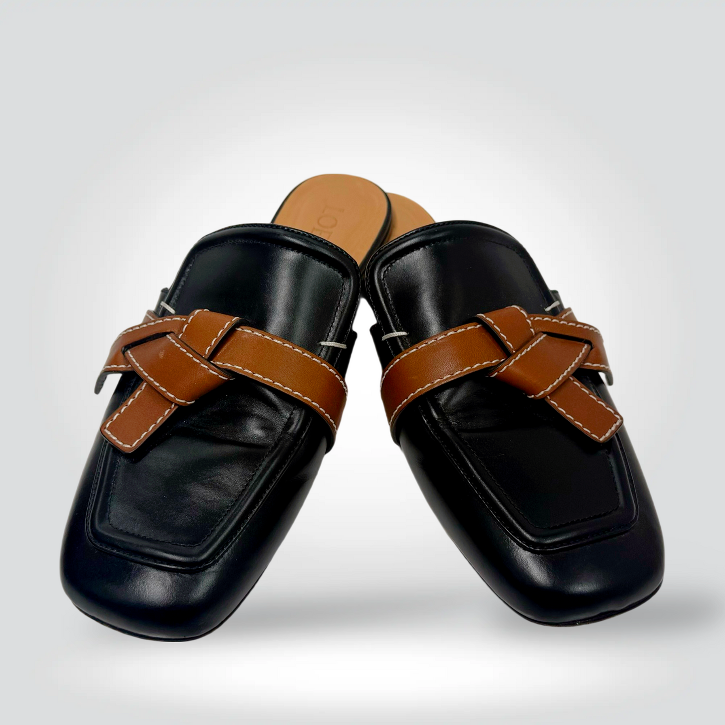 Loewe Toy mules black leather woven tan strap square toe size40 Good — Style Reissue Vancouver